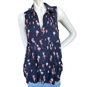 Anthropologie Maeve Navy Hot Air Balloon Print Collared Sleeveless Top Small